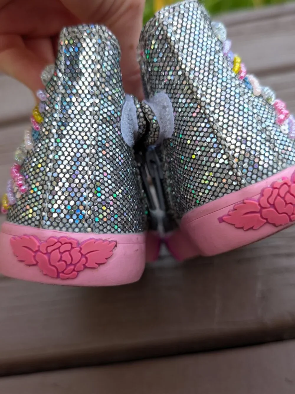 Kids Lelli Kelly Rainbow Sequin High-Top Sneakers Rainbows and Hearts Sz. 24/7.5